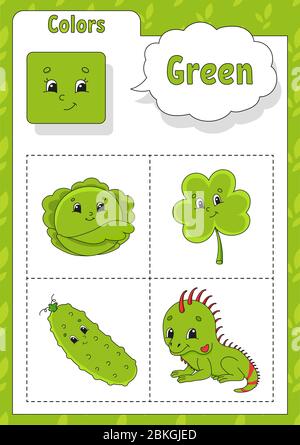 Learning colors. Green color. Flashcard for kids. Cute cartoon characters. Picture set for preschoolers. Education worksheet. Vector illustration. Stock Vector