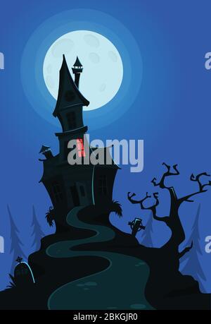 Vector illustration of a cartoon creepy haunted house on halloween night. Stock Vector