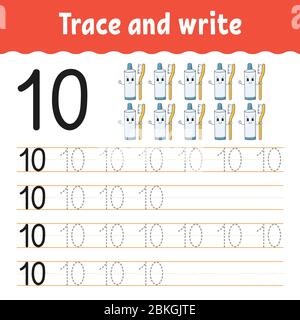 Trace and write. Number 10. Handwriting practice. Learning numbers for kids. Activity worksheet. Cartoon character. Stock Vector