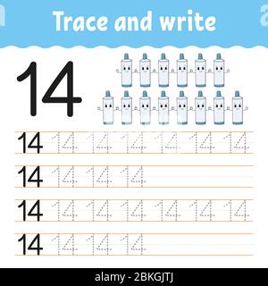 Trace and write. Number 14. Handwriting practice. Learning numbers for kids. Activity worksheet. Cartoon character. Stock Vector