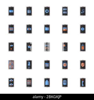 25 smartphone application color outline icon set Concept modern mobile phone technology icon design. Stock Vector