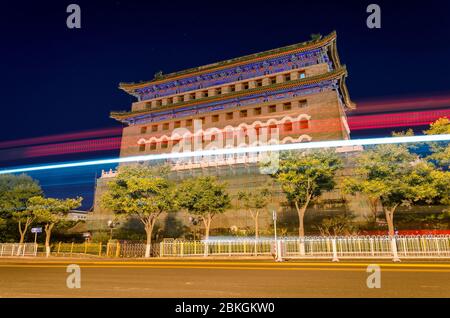 Beijing / China - June 24, 2016: Night view of historic Zhengyang Gate in Qianmen street, south of Tiananmen Square in central Beijing Stock Photo