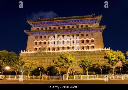 Beijing / China - June 24, 2016: Night view of historic Zhengyang Gate in Qianmen street, south of Tiananmen Square in central Beijing Stock Photo