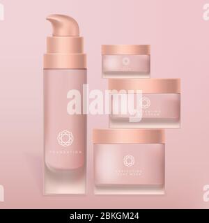 Vector Foundation, Cream and Mask Frosted Glass or Plastic Jar & Pump Bottle Set Stock Vector