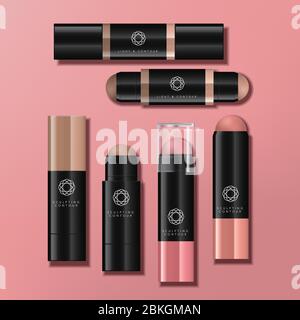 Vector Trend Dual Ended Contour, Highlighter, Color Balm or Blush Pen Packaging Set in Black Stock Vector