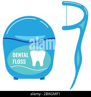 Dental floss with tooth icon, interdental brush set isolated on white background. Stock Vector