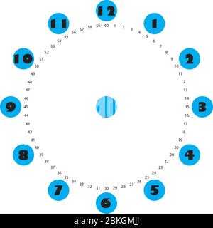 clock dial big black numbers on blue circles for the hours and small for seconds on transparent background Stock Vector
