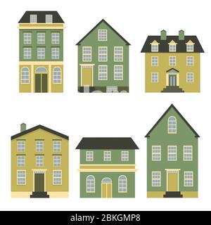 Set of houses front view. Collection of icons of urban and suburban house, town house, and cottage. Isolated vector illustration Stock Vector