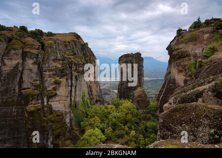 Magnificent autumn landscape of Meteora. Meteora rocks in a sunny, cloudy day. Pindos Mountains, Thessaly, Greece, Europe Stock Photo