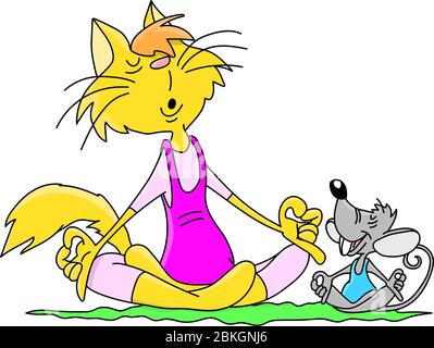 Cartoon cat and mouse sitting in a lotus position doing yoga together vector illustration Stock Vector