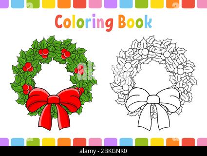 Coloring book for kids. Christmas wreath. Cartoon character. Vector illustration. Fantasy page for children. Black contour silhouette. Isolated on whi Stock Vector
