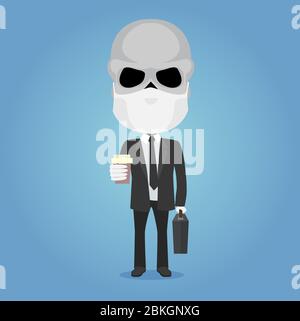 Skeleton businessman holding a coffee cup and a suitcase with antivirus mask and white gloves. He wears a dark suit with a tie in front of a blue back Stock Vector