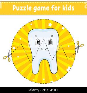 Cut and play. Round puzzle. Healthy tooth. Logic puzzle for kids. Activity page. Cutting practice for preschool. Cartoon character. Stock Vector