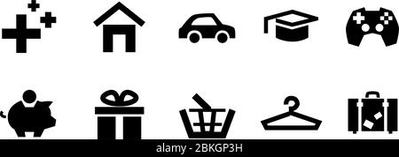 Monthly expenses glyph icons set on white background. Financial plan symbols. Money payment signs. Vector Budget icon. Health, house car, education, savings, gift, goods, shopping, leisure, travel. Stock Vector