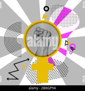 Hand in fist as pop art abstract style. I can do it. Be strong. Feminism Protest sign on grey rays sun background. Mirror of Venus vector illustration Stock Vector
