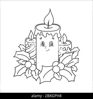 Coloring book for kids. Christmas burning candles decorated with holly leaves. Cartoon character. Vector illustration. Black contour silhouette. Isola Stock Vector