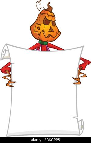 Halloween cartoon scarecrow with pumpkin head holding blank empty scroll paper for text. Vector illustration Stock Vector