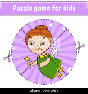 Cut and play. Round puzzle. Tooth Fairy. Logic puzzle for kids. Activity page. Cutting practice for preschool. Cartoon character. Stock Vector