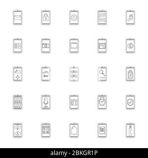 25 smartphone application outline icon set. Concept modern mobile phone technology icon design. Stock Vector