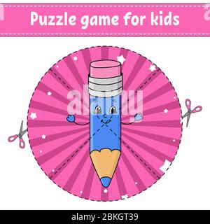 Cut and play. Round puzzle. Pencil with eraser. Logic puzzle for kids. Activity page. Cutting practice for preschool. Cartoon character. Stock Vector