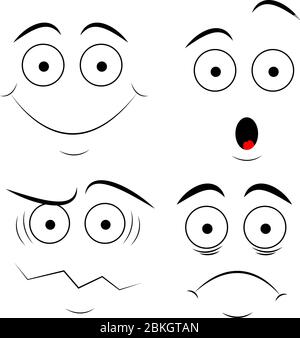 Doodles of different types of faces. Emotions express joy, sadness, surprise and anger. Vector illustration. Stock Photo