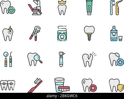 Set of Dentistry Flat Color Line Icons. Denture, Toothpaste, Toothbrush and more Stock Vector