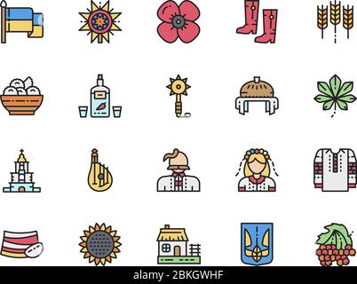 Set of Ukrainian Culture Color Icons. Mace, Wheat Ear, Wedding Bread and more. Stock Vector
