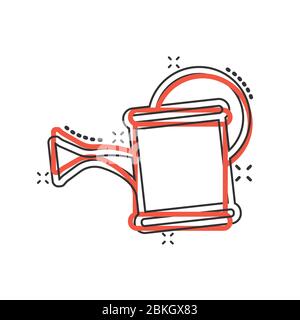 Water can icon in comic style. Irrigation garden cartoon vector illustration on white isolated background. Watering splash effect business concept. Stock Vector