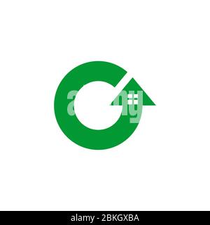 House logo design with circular arrow concept template, initial letter O graphic logo, isolated on white background. Stock Vector