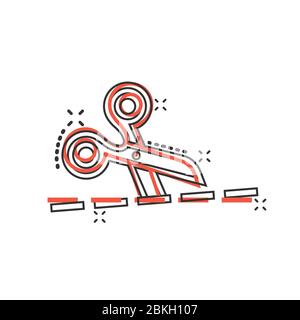 Scissor with cutting line icon in comic style. Cut equipment cartoon vector illustration on white isolated background. Cutter splash effect business c Stock Vector