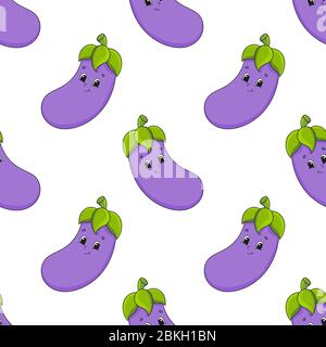 Colored cartoon seamless pattern. Vegetable eggplant. Cartoon style. Hand drawn. Vector illustration isolated on white background. Stock Vector