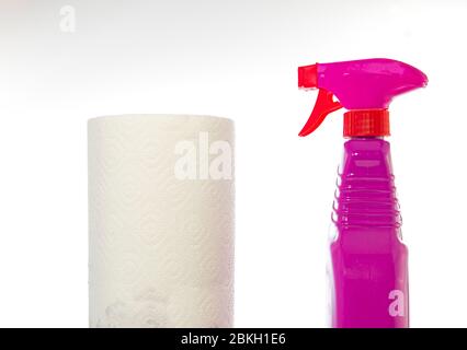 Cleaning supplies on white background like paper roll and ink spray Stock Photo