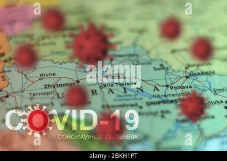 Covid-19 outbreak or new Coronavirus, 2019-nCoV, virus on a map of Ukraine, Kiev. Covid 19-NCP virus: contagion and propagation of disease in country. Stock Photo