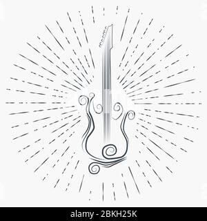 Vintage illustration with sunbeams and guitar, sunburst. Stock Vector