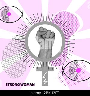 Hand in fist as pop art abstract style. I can do it. Be strong. Feminism Protest sign on grey rays sun background. Mirror of Venus vector illustration Stock Vector