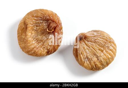 two dried figs isolated on white background, top view Stock Photo