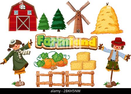 Set of farming items on white background illustration Stock Vector