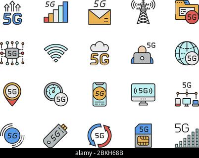 Set of 5G Internet Color Line Icons. Network Signal, Database, Sim Card and more Stock Vector
