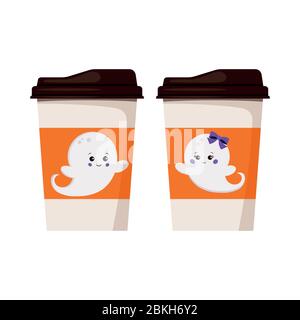 Halloween ghosts on paper coffee or tea cup to go icon set isolated on white background. Stock Vector
