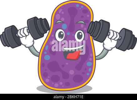 Mascot design of smiling Fitness exercise shigella sp. bacteria lift up barbells Stock Vector