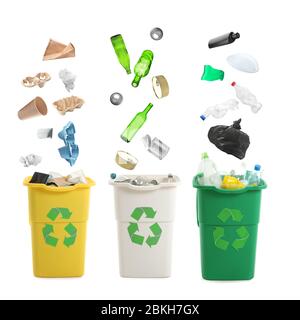 Garbage falling into containers on white background. Recycling concept Stock Photo