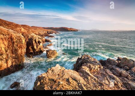 The rugged coastline and cliffs at Hushinish on the west coast of the Isle of Harris in the Outer hebrides of Scotland Stock Photo