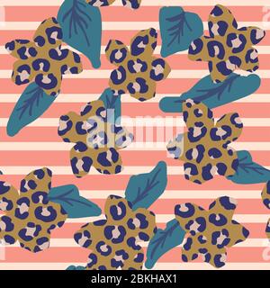 Vector Abstract Cheetah or Leopard Flower Pattern in Coral Pink Stripes Background Stock Vector
