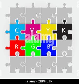 The color scheme CMYK and rgb depicted in four puzzles. Quality vector. Stock Vector