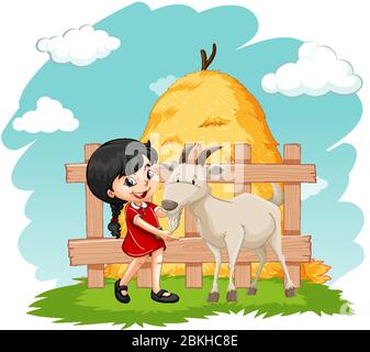 Little girl and goat on the farm illustration Stock Vector