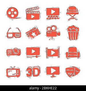 Cinema line icons in comic style. Entertainment set cartoon vector illustration on white isolated background. Movie media splash effect business conce Stock Vector