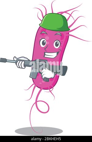 A cartoon picture of pseudomoa bacteria in Army style with machine gun Stock Vector