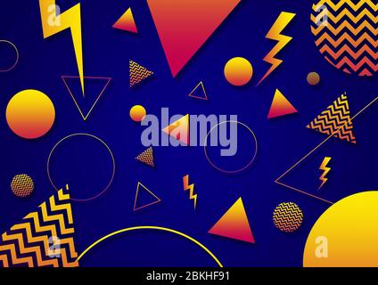 A blue, orange and yellow retro vaporwave 90's style random geometric shapes with vibrant neon color palette on a radial gradient background Stock Photo