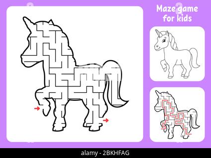 Abstract maze. Magical unicorn. Game for kids. Puzzle for children. Labyrinth conundrum. Find the right path. Education worksheet. With answer. Stock Vector