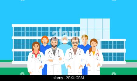 Doctors and nurses team standing at the hospital building in different poses. Flat vector illustration. Personnel of medical clinic, physicians and su Stock Vector